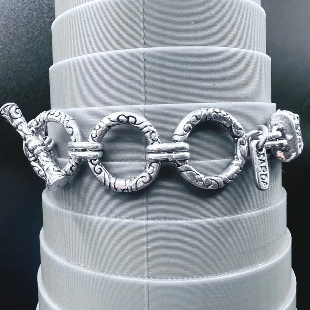 Sterling Silver Sarda Panel Bracelet Raised Square Floral Toggle Clasp Open Work